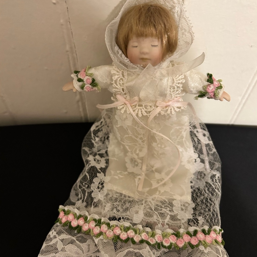 Miniature Porcelain 6” Collectible Sleeping Doll In Lace Christening Dress